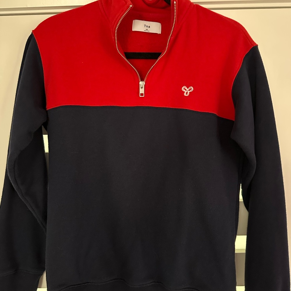 Aritzia TNA Red and Navy Blue Half-Zip Sweater